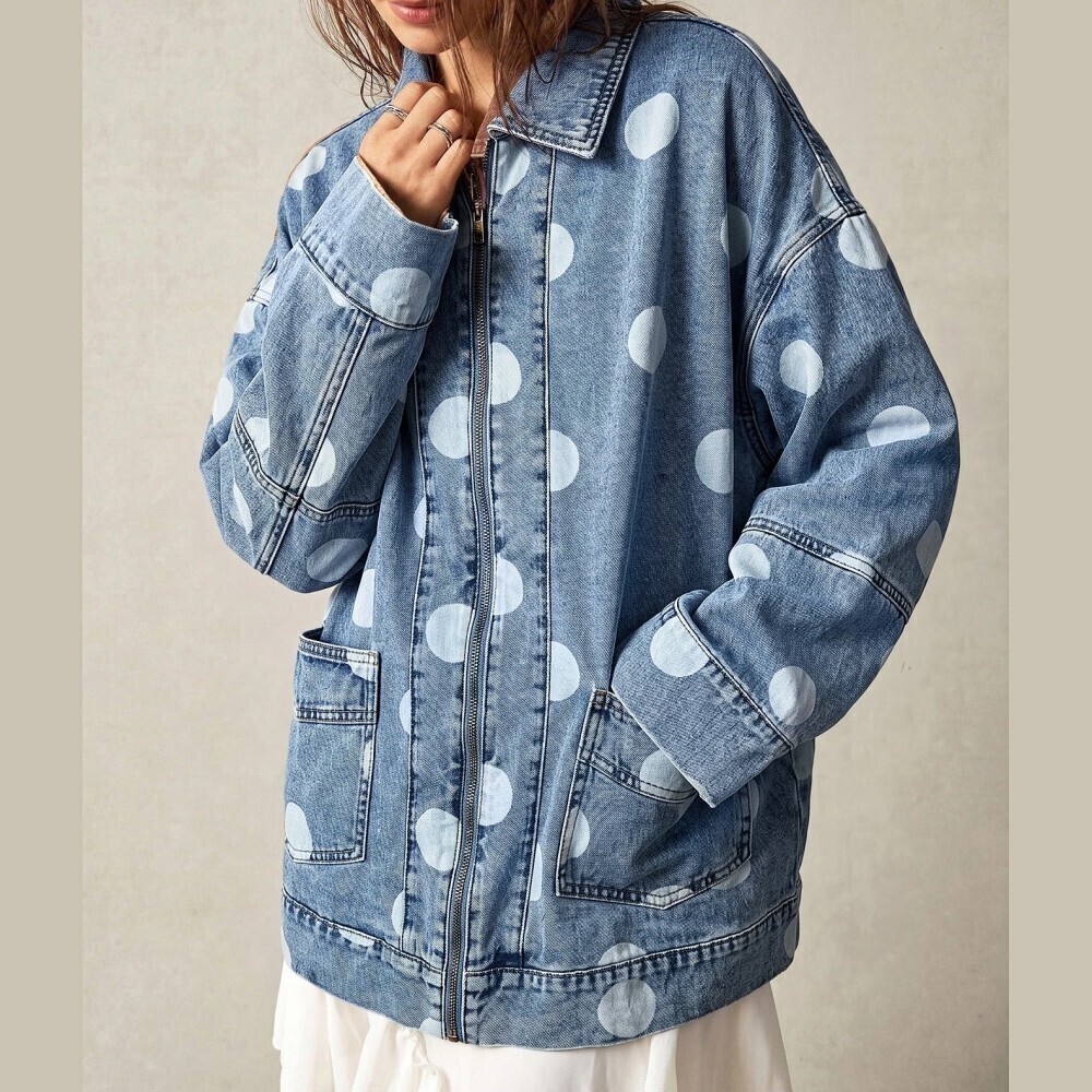 Blue Polka Dot Denim Oversized Zip Front Bomber Jacket